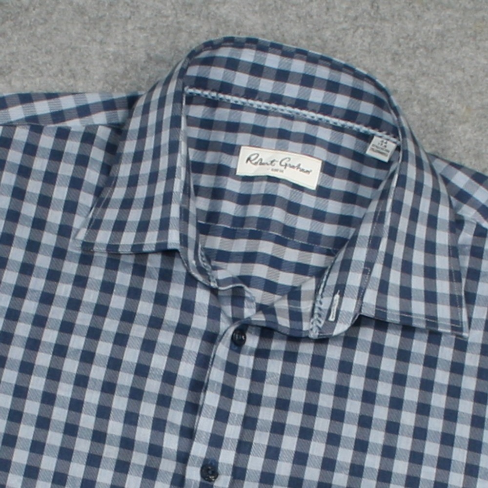 Robert Graham Mens Button Front Shirt 44 17.5 Blue Gingham Stretch Cotton Blend
